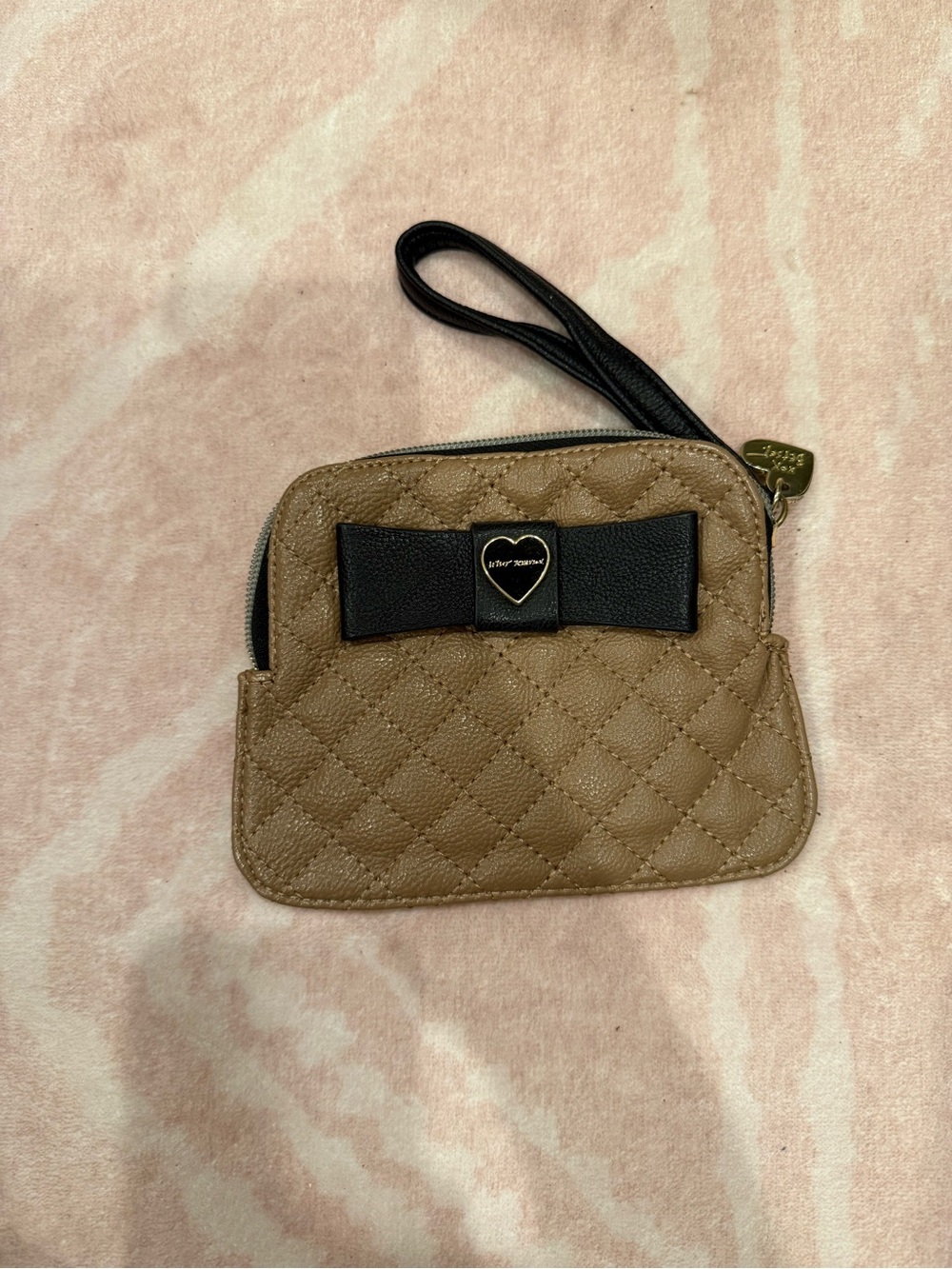 Betsey Johnson Quilted Brown Wristlet with Black Bow